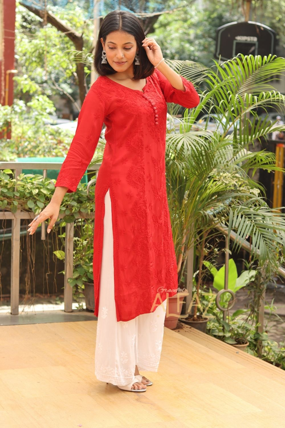 Huda Premium Crepe Silk Chikankari Tone To Tone Kurti