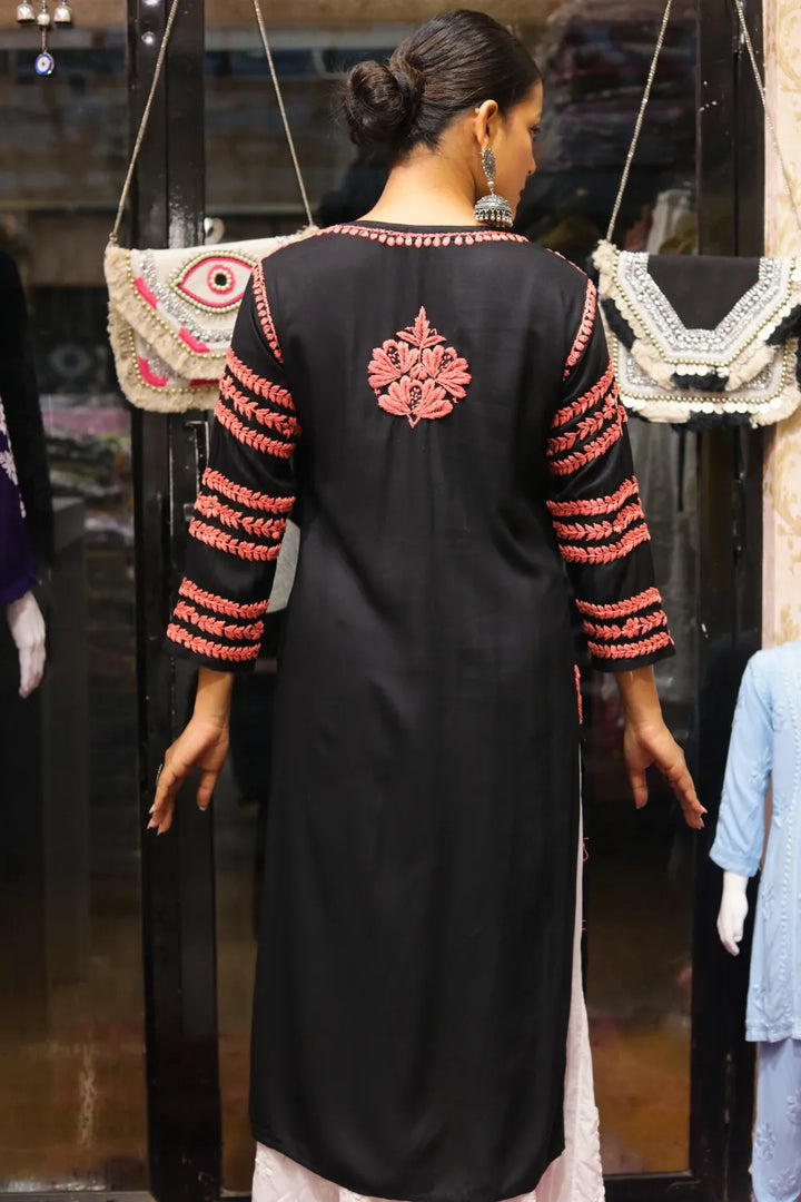 Kausar Rayon 3D Chikankari Designer Black Kurti