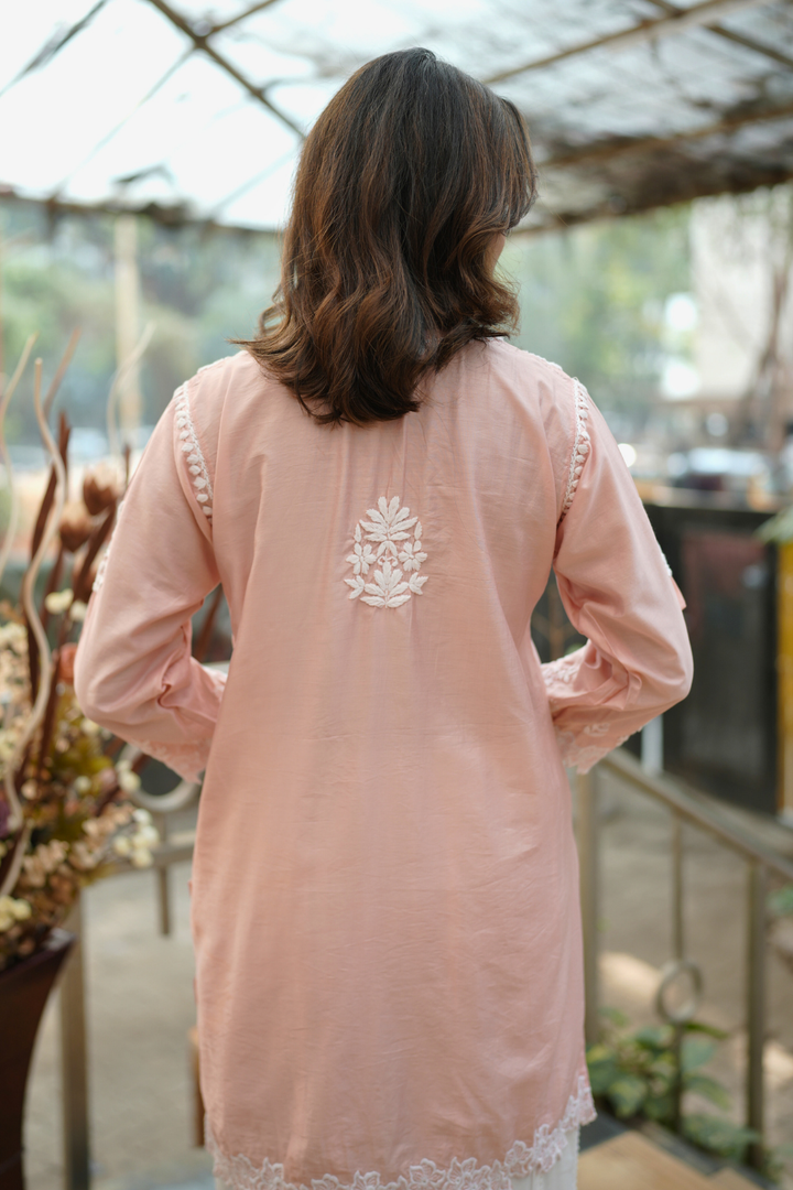 Nihal Premium Chanderi Silk Chikankari  Short Kurti With Cutwork