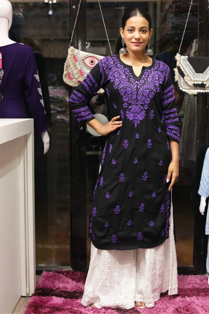 Kausar Rayon 3D Chikankari Designer Black Kurti