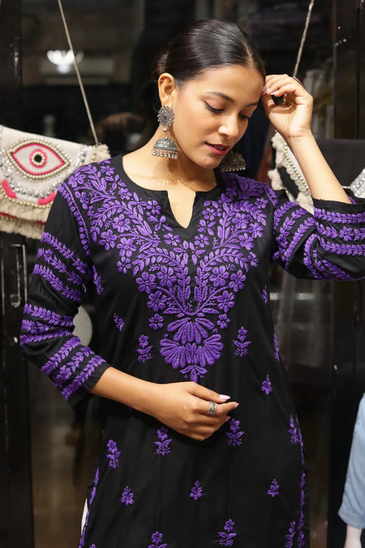 Kausar Rayon 3D Chikankari Designer Black Kurti