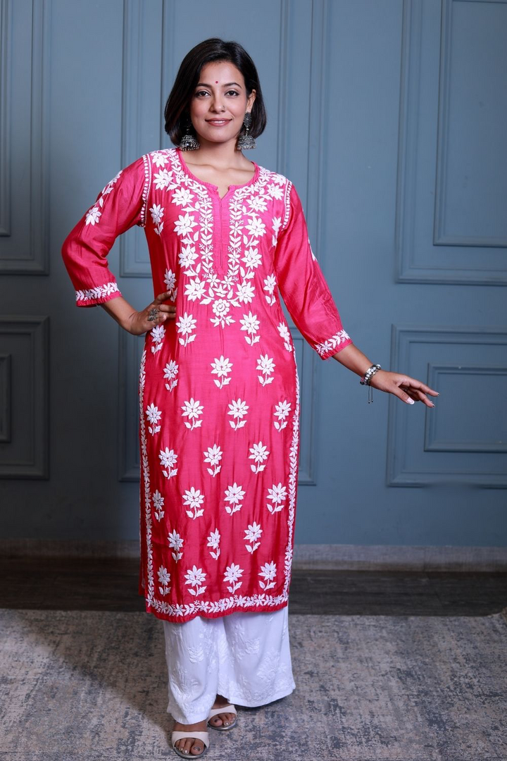 Dima Muslin 3D Chikankari Kurti – Shop Chikan Kurtis Online