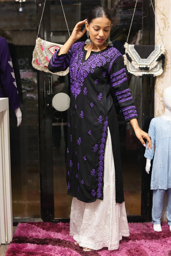 Kausar Rayon 3D Chikankari Designer Black Kurti