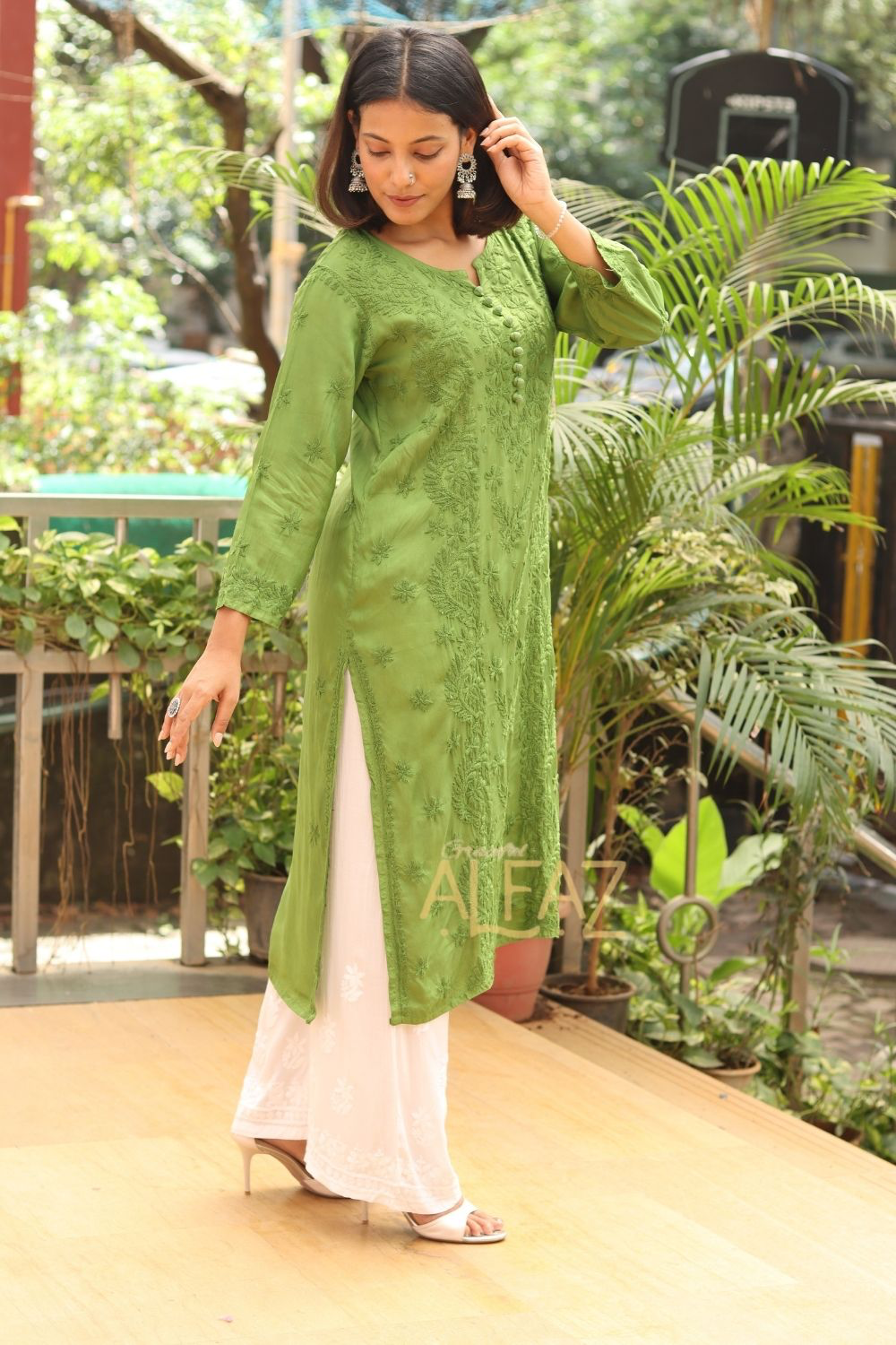 Huda Premium Crepe Silk Chikankari Tone To Tone Kurti