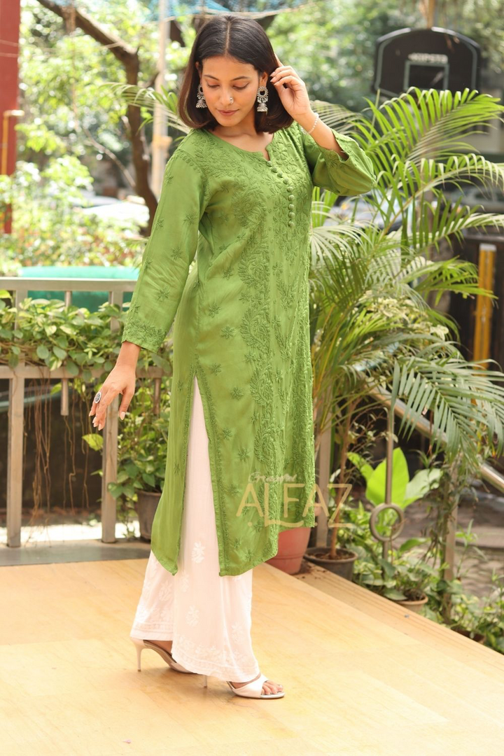 Huda Premium Crepe Silk Chikankari Tone To Tone Kurti