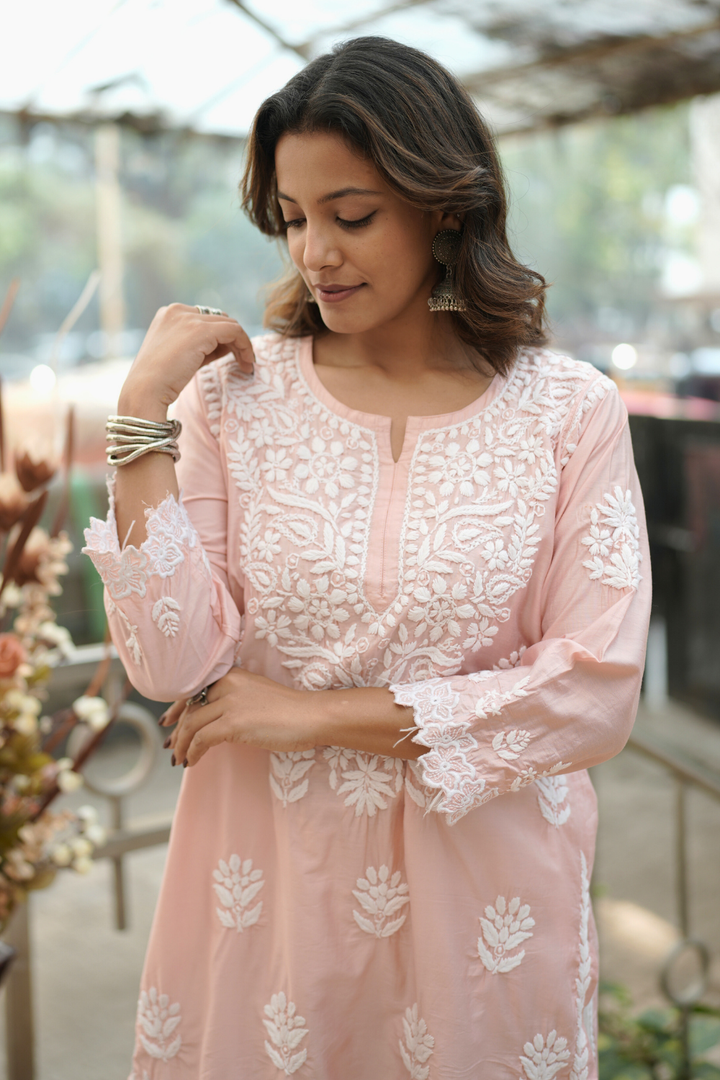 Nihal Premium Chanderi Silk Chikankari  Short Kurti With Cutwork