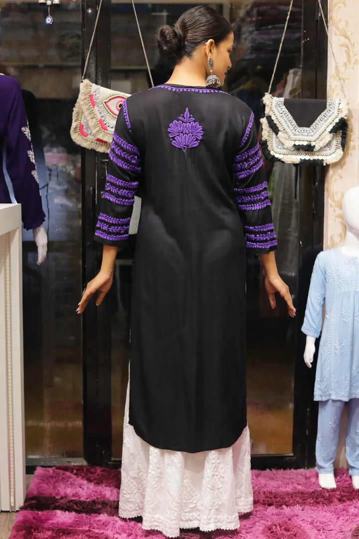 Kausar Rayon 3D Chikankari Designer Black Kurti