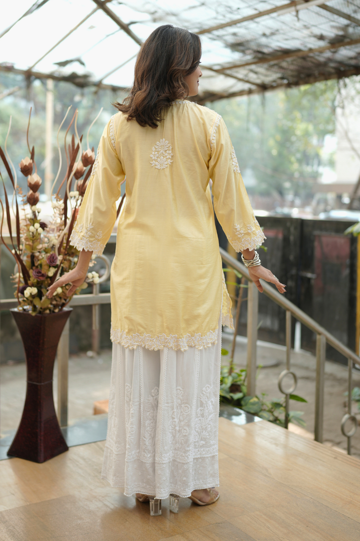 Nihal Premium Chanderi Silk Chikankari  Short Kurti With Cutwork