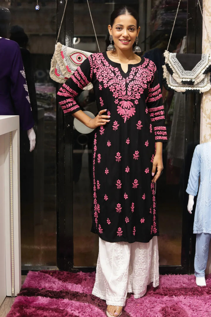 Kausar Rayon 3D Chikankari Designer Black Kurti