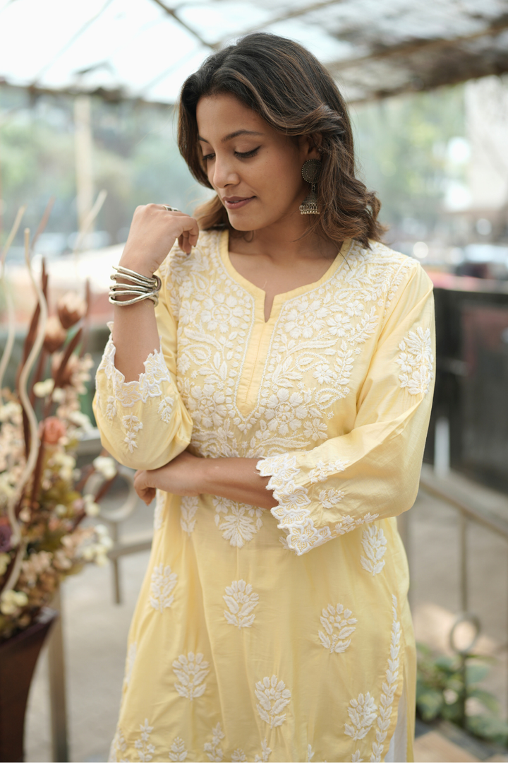 Nihal Premium Chanderi Silk Chikankari  Short Kurti With Cutwork