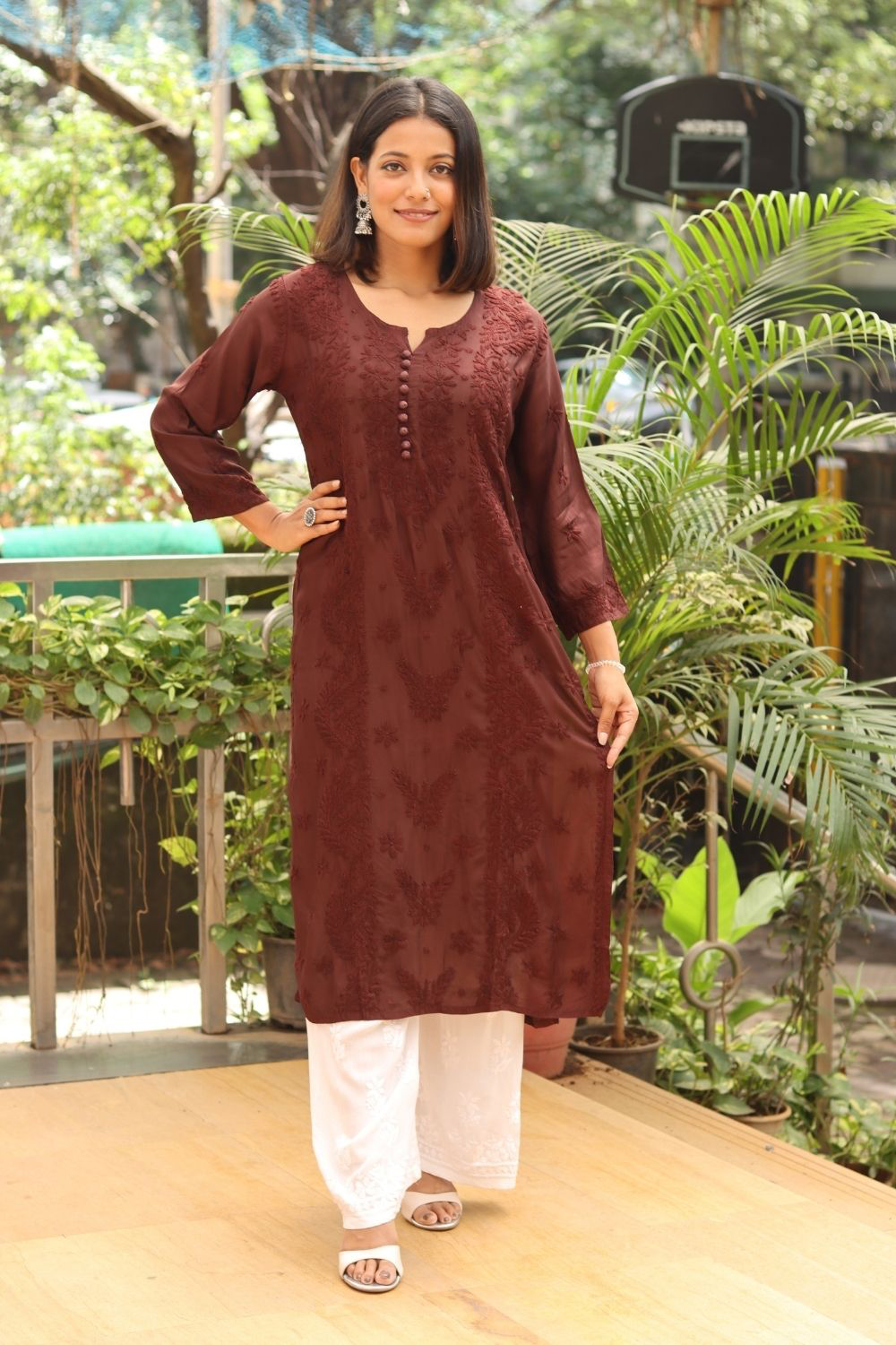 Huda Premium Crepe Silk Chikankari Tone To Tone Kurti