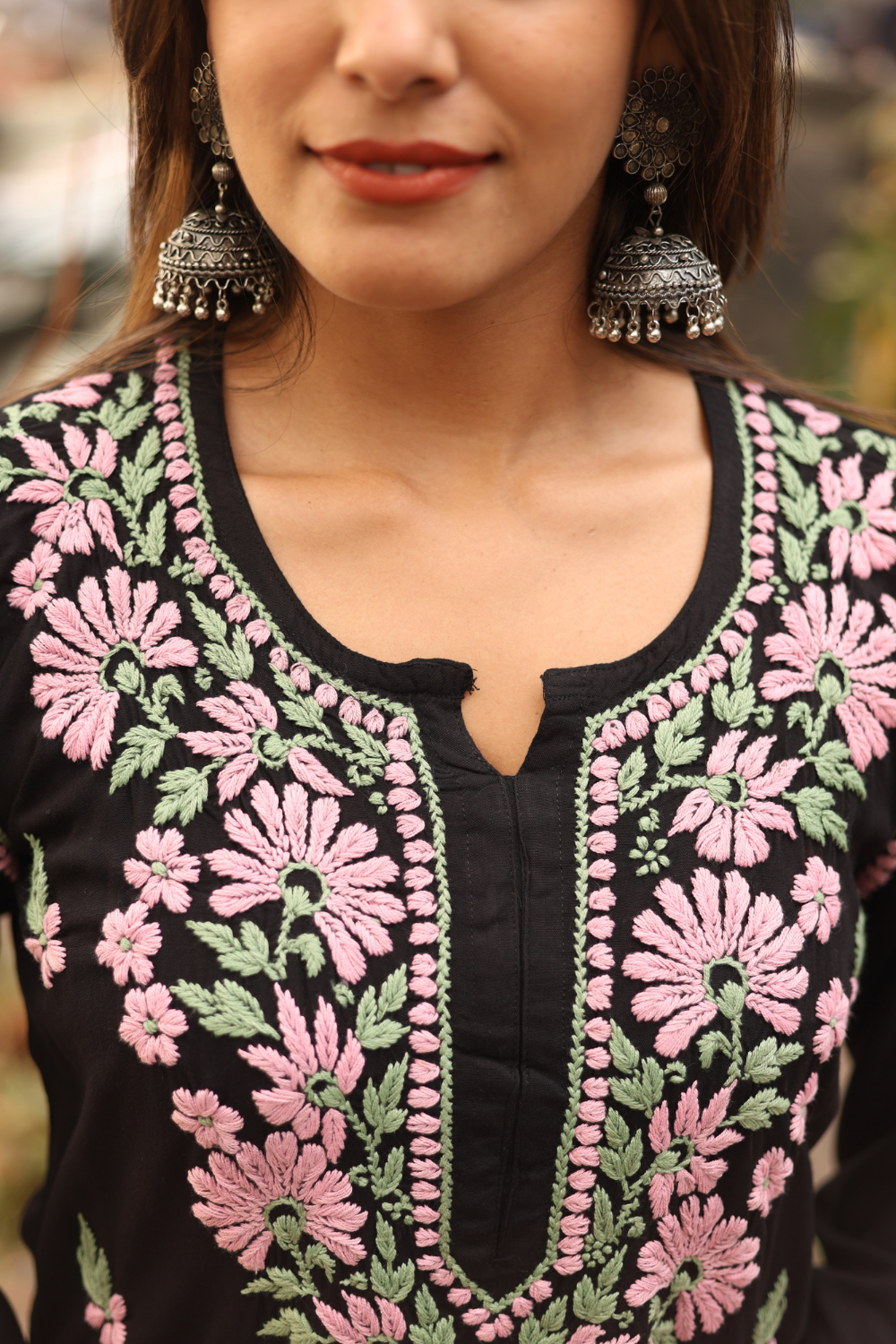 Mariya Rayon Chikankari Black- Pink Kurti Palazzo Set