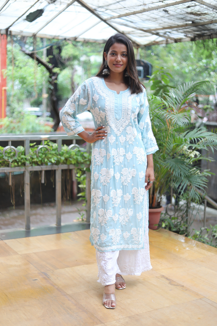 Lamis Premium Muslin Rose 3D Chikankari Kurti | Long Chikankari Kurtis