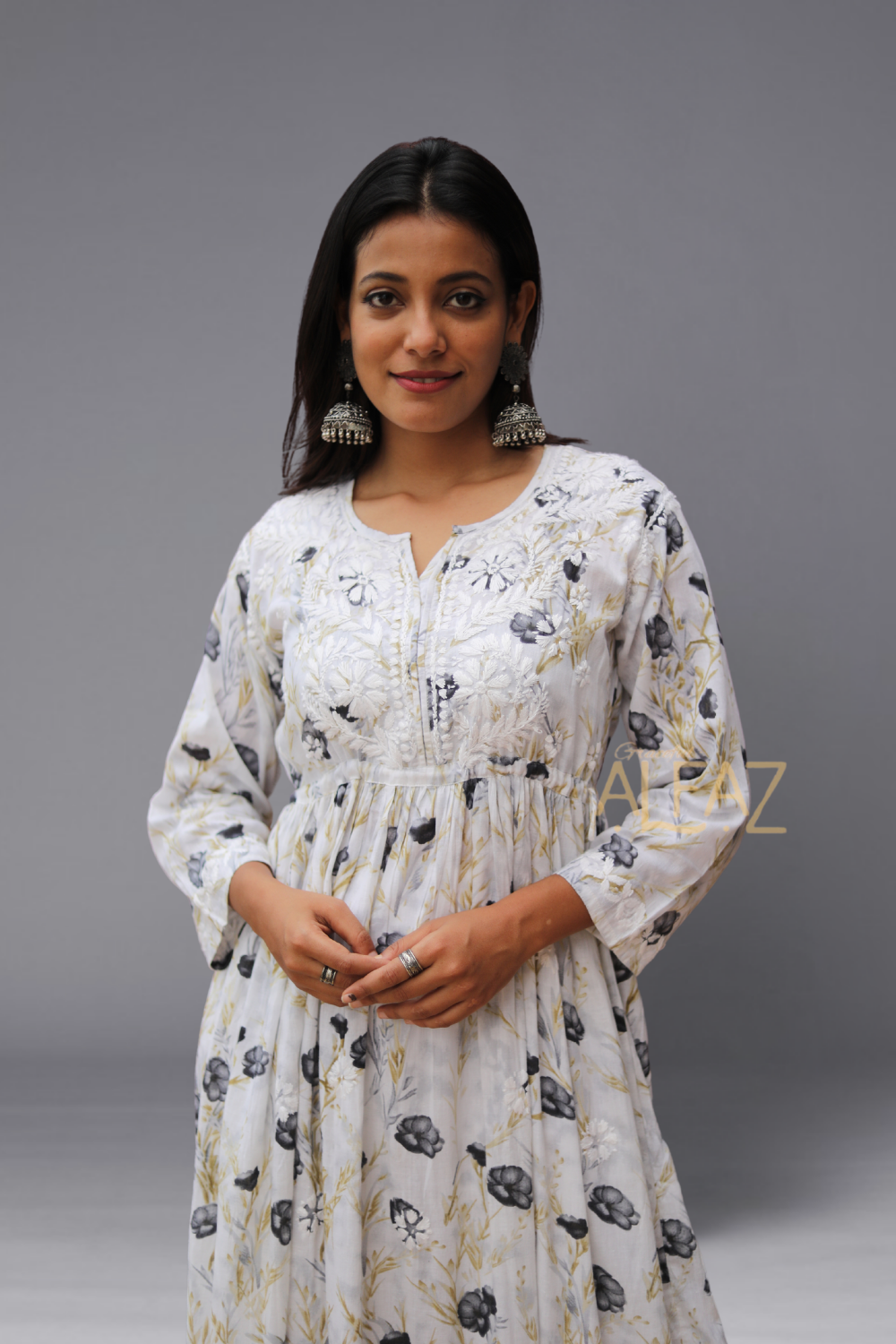 Sarina Mulmul Chikankari A-line Gown | Lucknowi Chikankari Gown