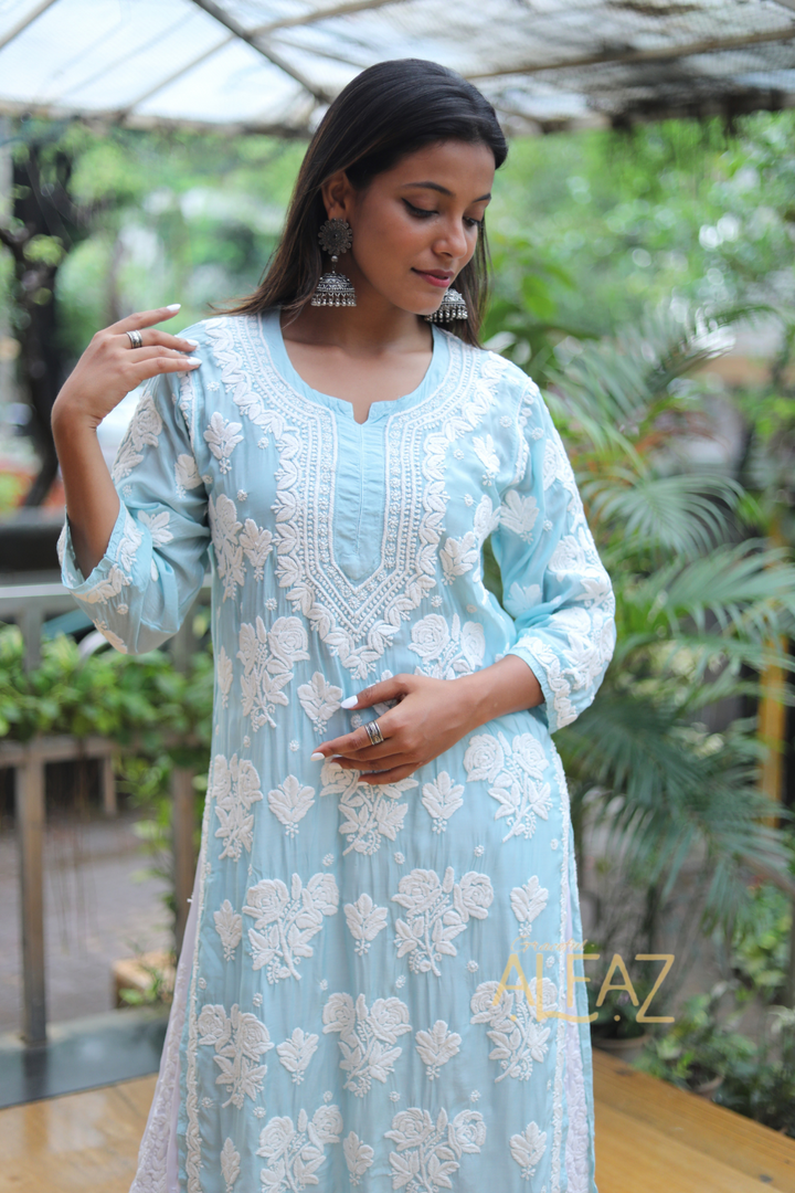 Lamis Premium Muslin Rose 3D Chikankari Kurti | Long Chikankari Kurtis