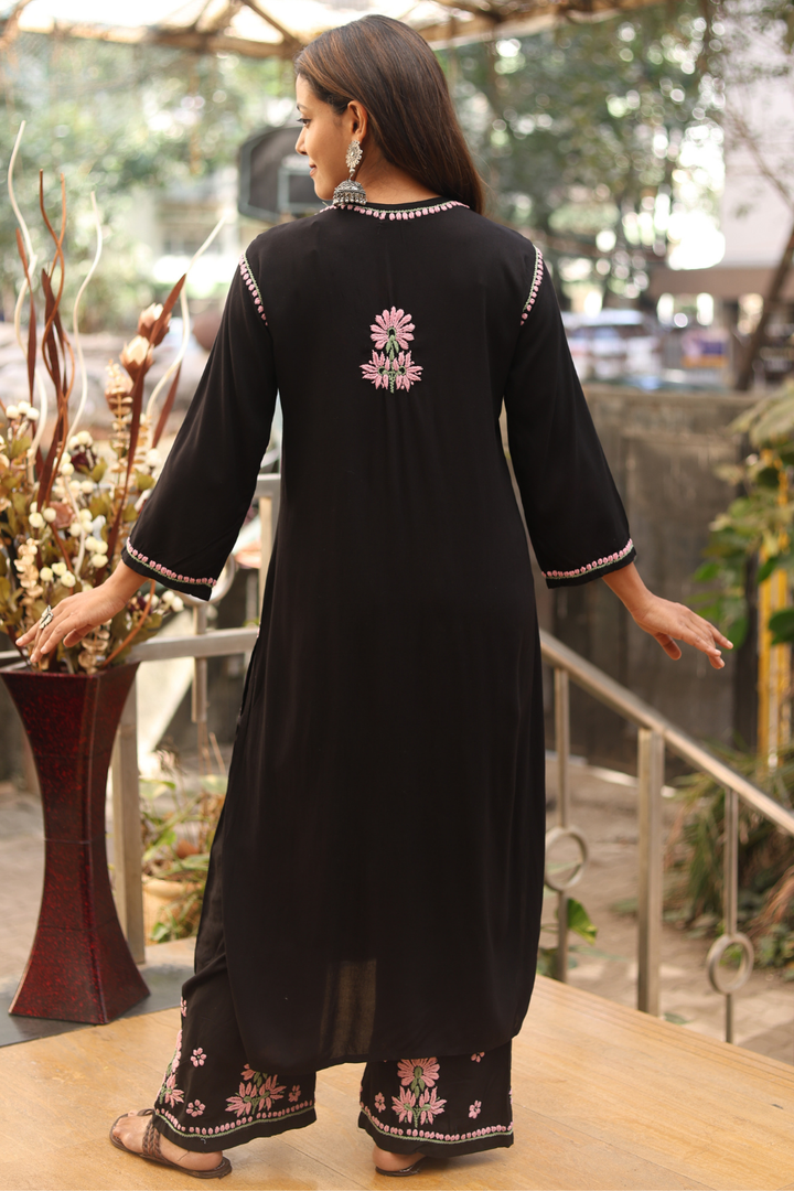 Mariya Rayon Chikankari Black- Pink Kurti Palazzo Set