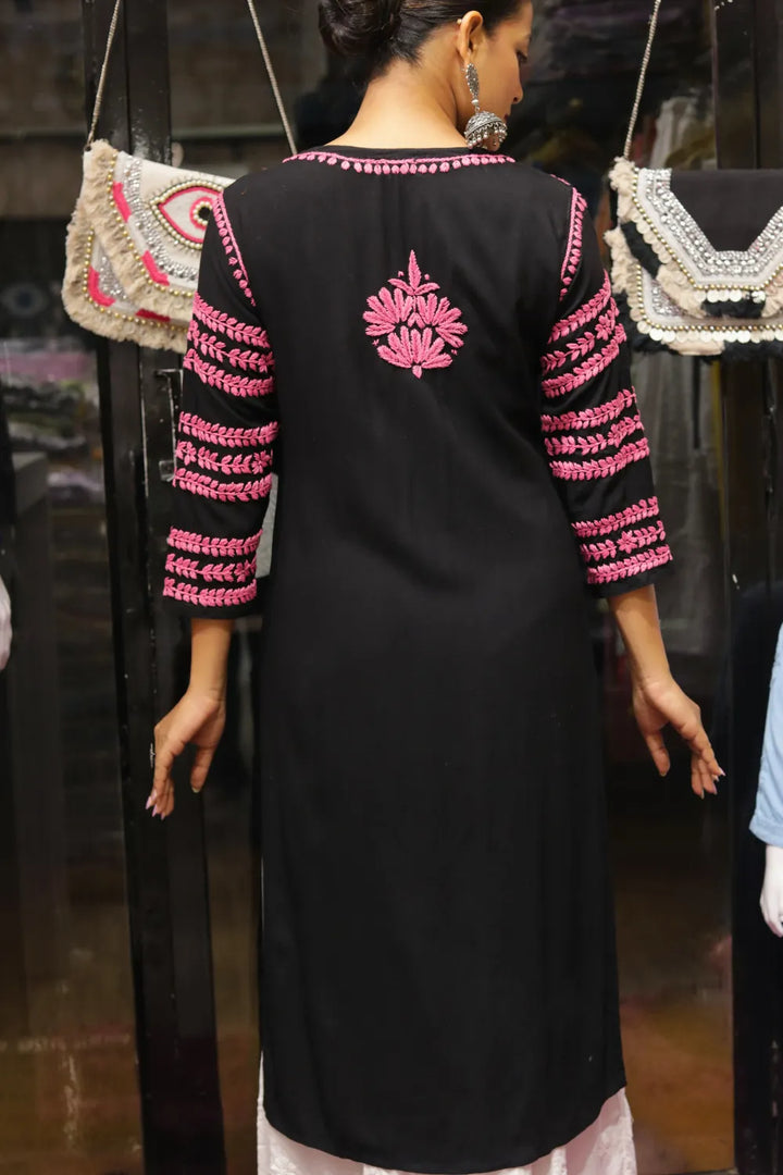 Kausar Rayon 3D Chikankari Designer Black Kurti