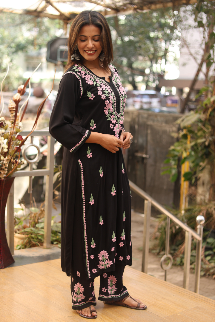 Mariya Rayon Chikankari Black- Pink Kurti Palazzo Set