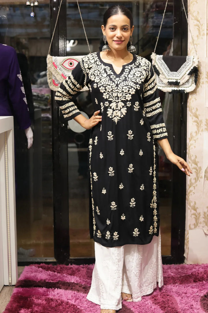 Kausar Rayon 3D Chikankari Designer Black Kurti
