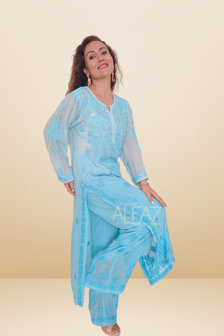 Noor Premium Viscose 3D Chikankari Ombre Kurti Pant Set | Chikan Kurta Pant Set