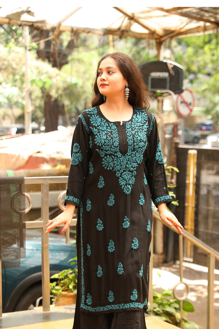 Kausar Rayon 3D Chikankari Designer Black  Multi