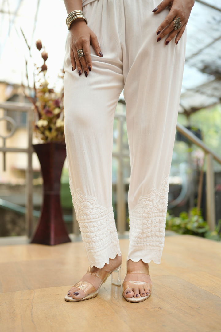 Karishma Rayon 3D  Chikankari Lace  White Pant