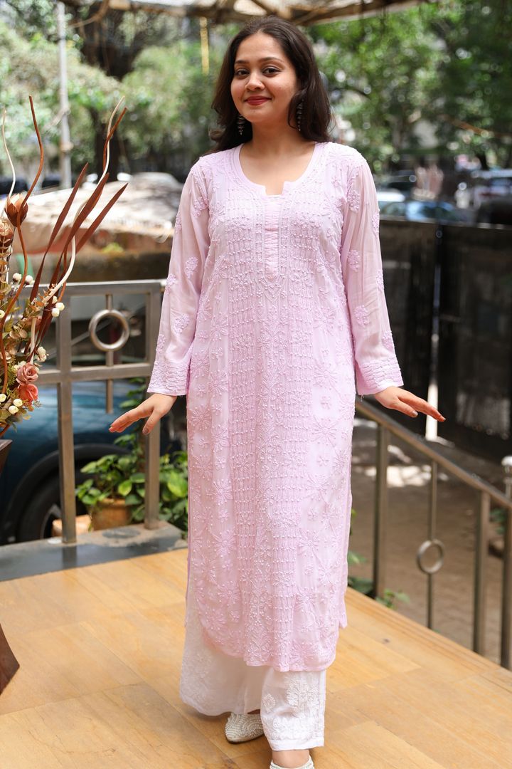 Israa Viscose Designer Jaal  Add On Cutdana And Pearl Work Chikankari Kurti