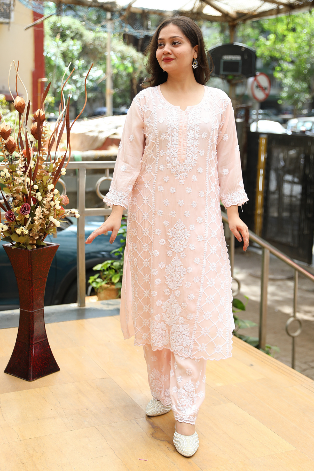 Ayah   Premium Muslin 3D Chikankari Ombre  Cutwork Kurti Palazzo Set