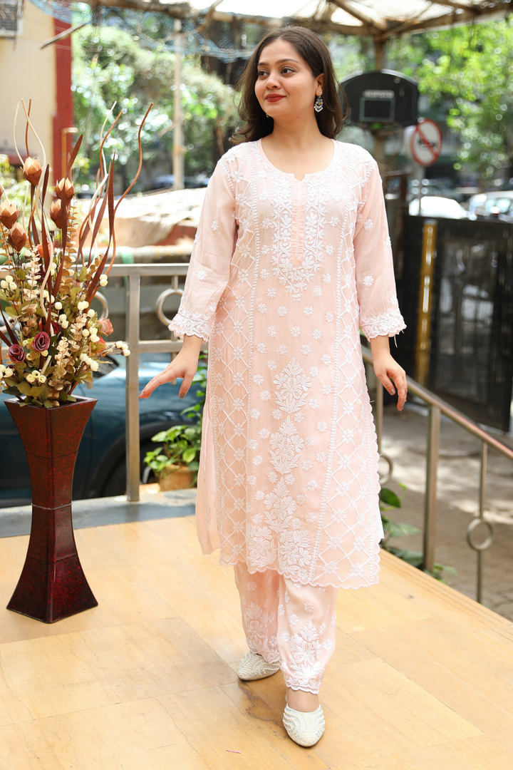 Ayah   Premium Muslin 3D Chikankari Ombre  Cutwork Kurti Palazzo Set