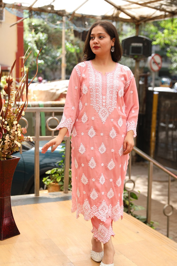 Dania Premium Muslin 3D Chikankari  Cutwork Kurti Pant Set