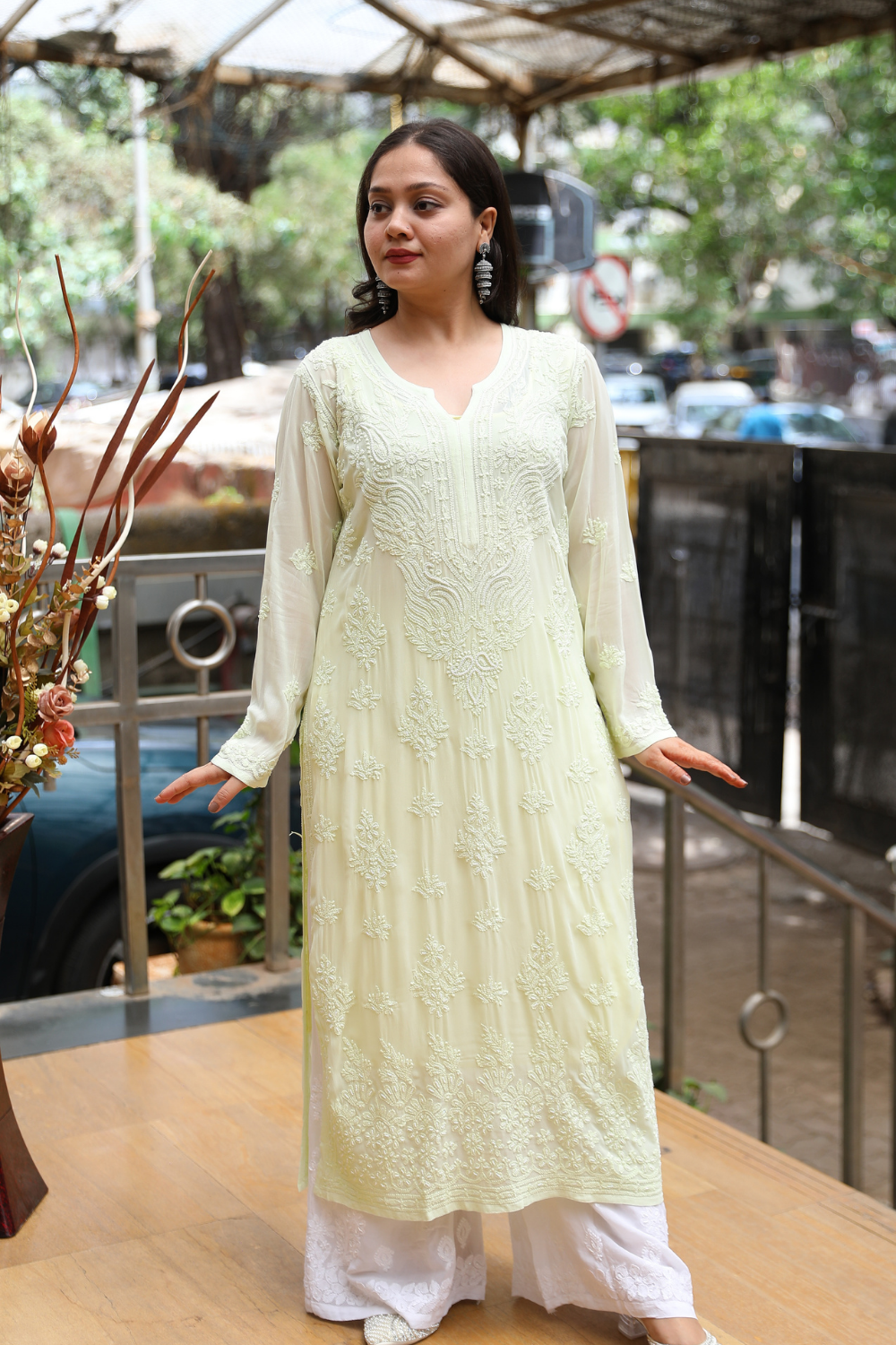 Yusra Viscose Designer Jaal  Add On Cutdana And Pearl Work Chikankari Kurti
