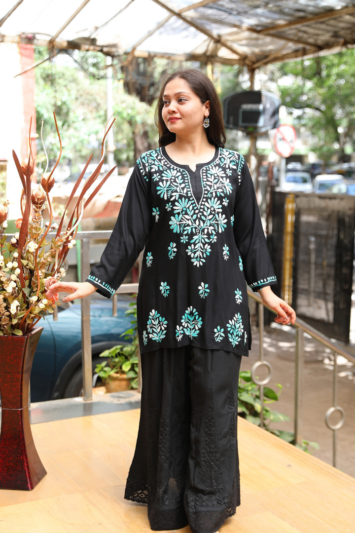Ruvina Rayon Black Multi Chikankari Short Kurti
