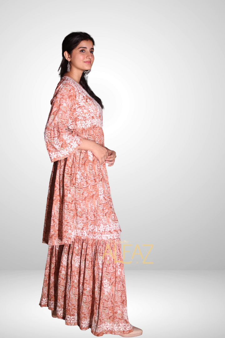 Ghazala Printed Mulmul Chikankari Gharara Set