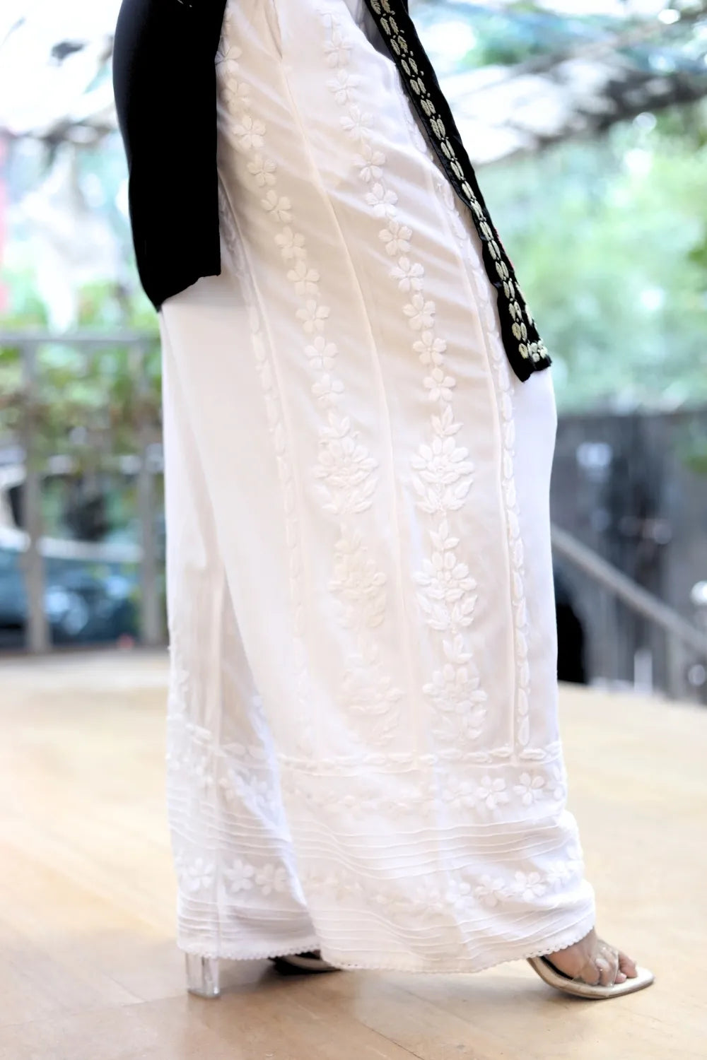 Sonal 3D Chikankari Side Kali White Palazzo