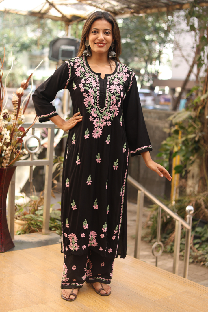 Mariya Rayon Chikankari Black- Pink Kurti Palazzo Set