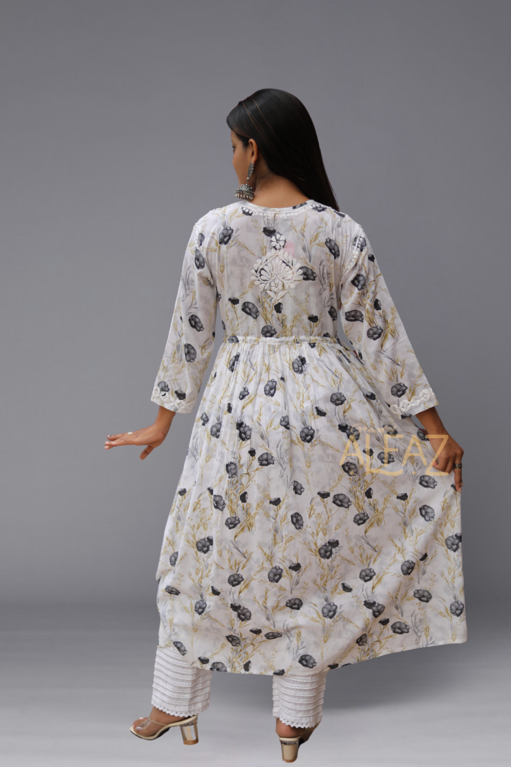 Sarina Mulmul Chikankari A-line Gown | Lucknowi Chikankari Gown