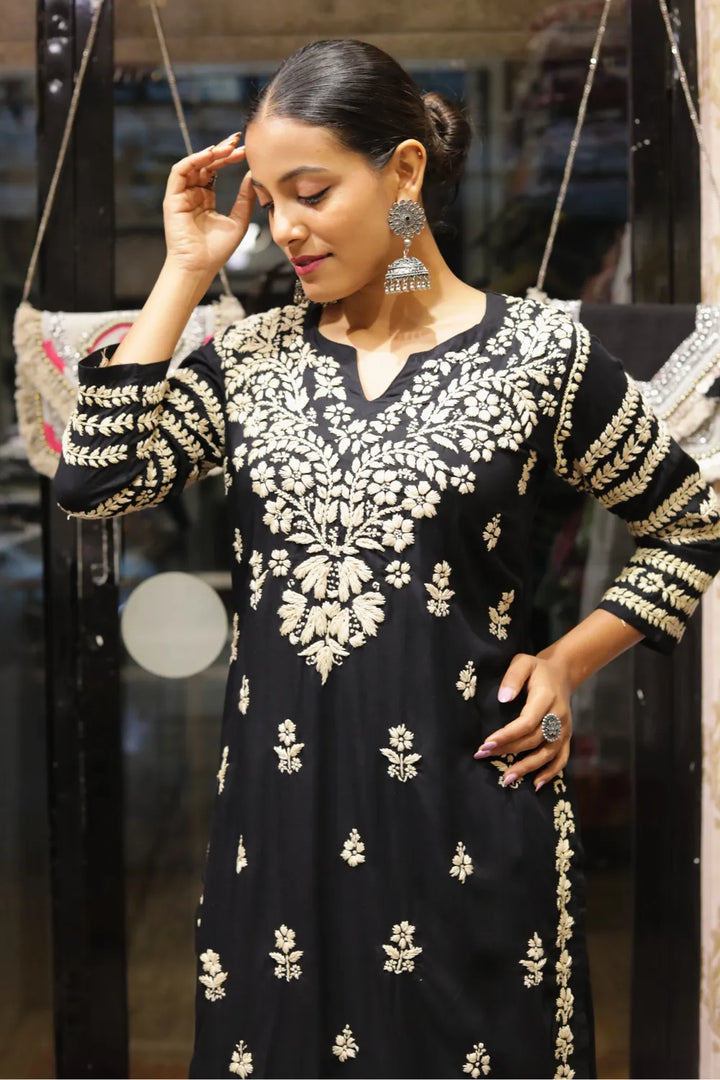 Kausar Rayon 3D Chikankari Designer Black Kurti