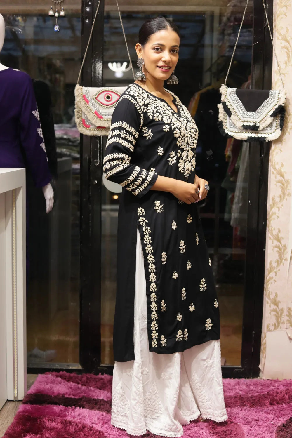 Kausar Rayon 3D Chikankari Designer Black Kurti