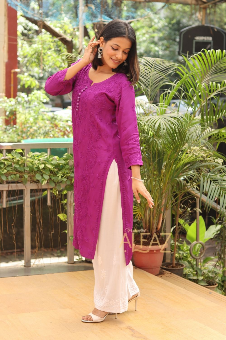 Huda Premium Crepe Silk Chikankari Tone To Tone Kurti