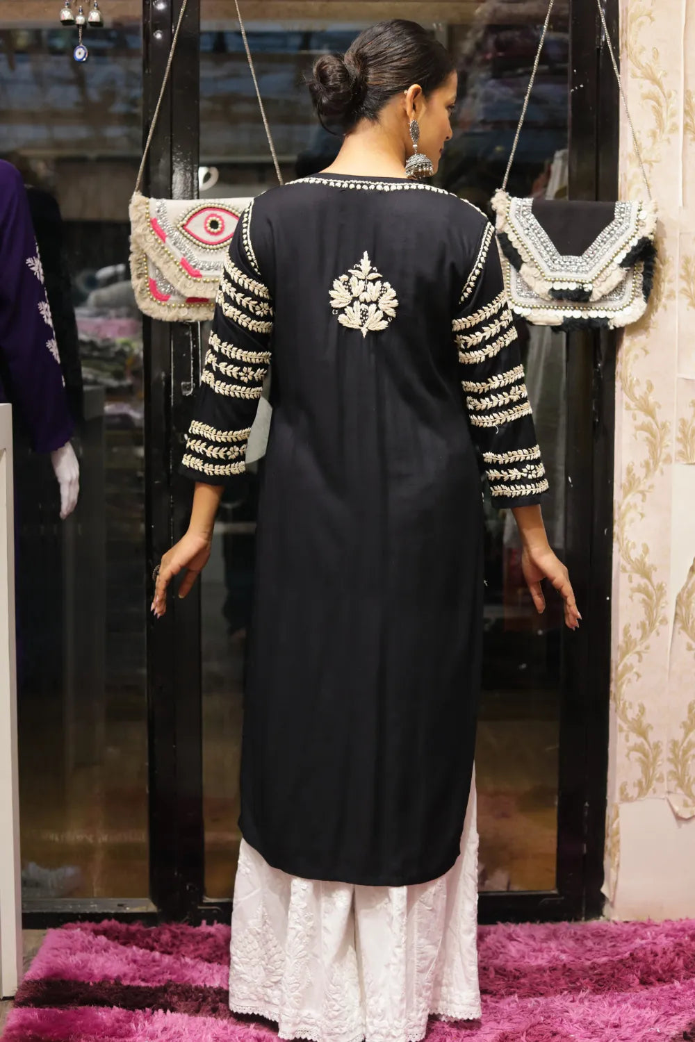 Kausar Rayon 3D Chikankari Designer Black Kurti