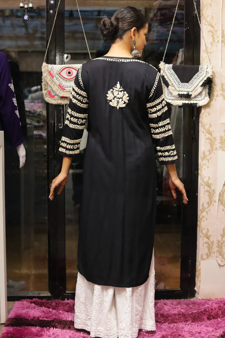 Kausar Rayon 3D Chikankari Designer Black Kurti