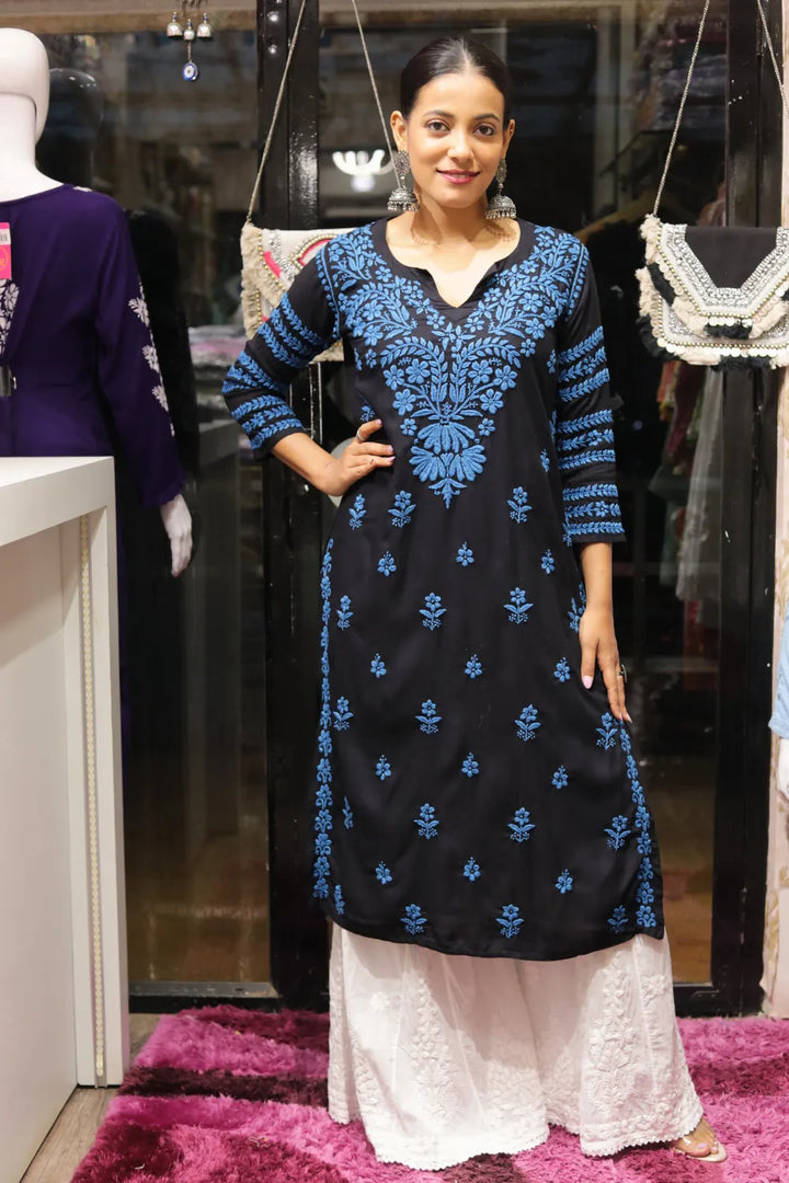 Kausar Rayon 3D Chikankari Designer Black Kurti