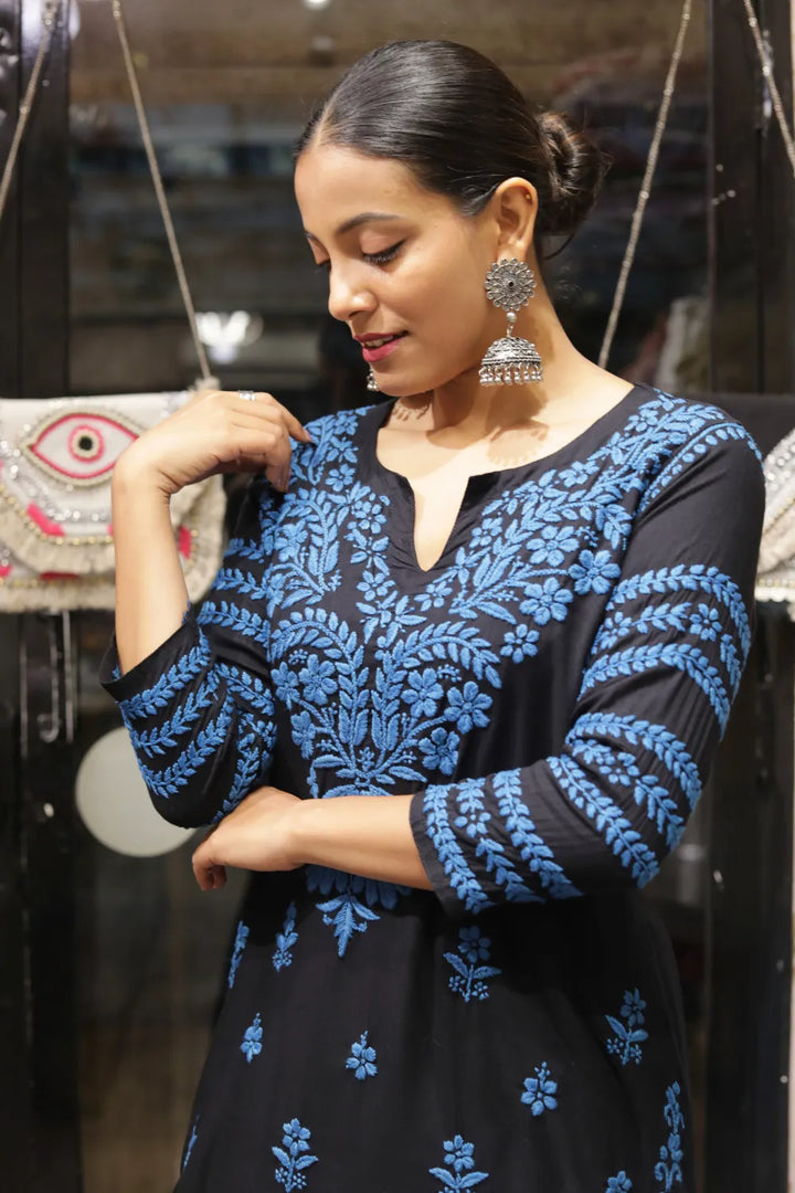 Kausar Rayon 3D Chikankari Designer Black Kurti