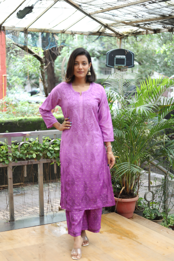 Sahar Chanderi Silk Chikankari Ombre Kurti Palazzo Set