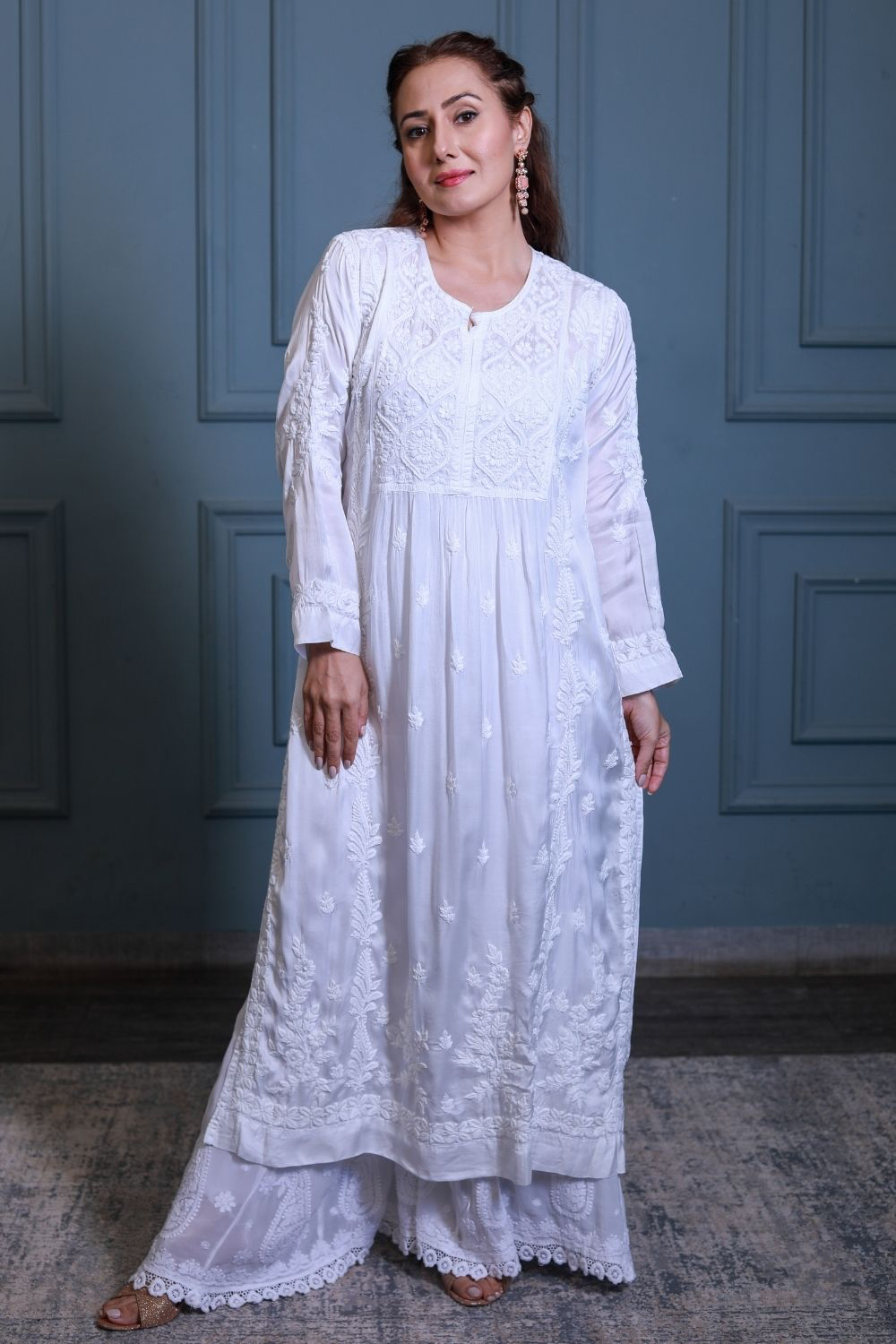 Haniya Modal Satin 3D Chikankari Nayra Cut Kurti