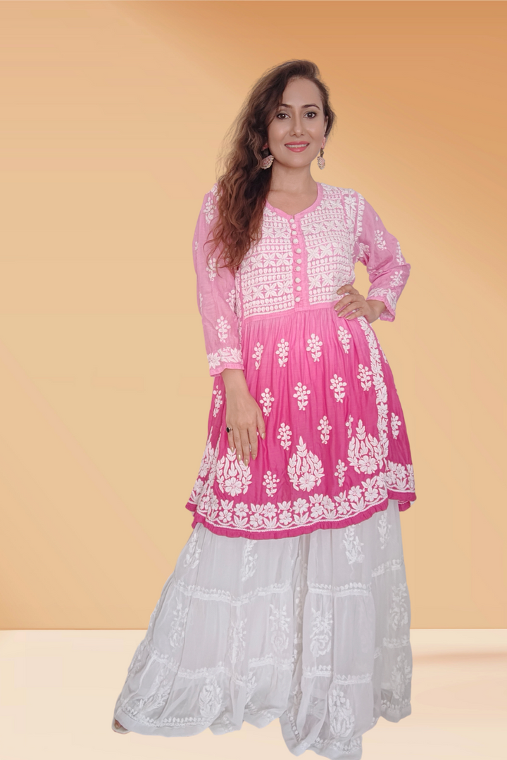 Sumaya Premium Muslin 3D Chikankari Short Gown | Short Kurtis for Women