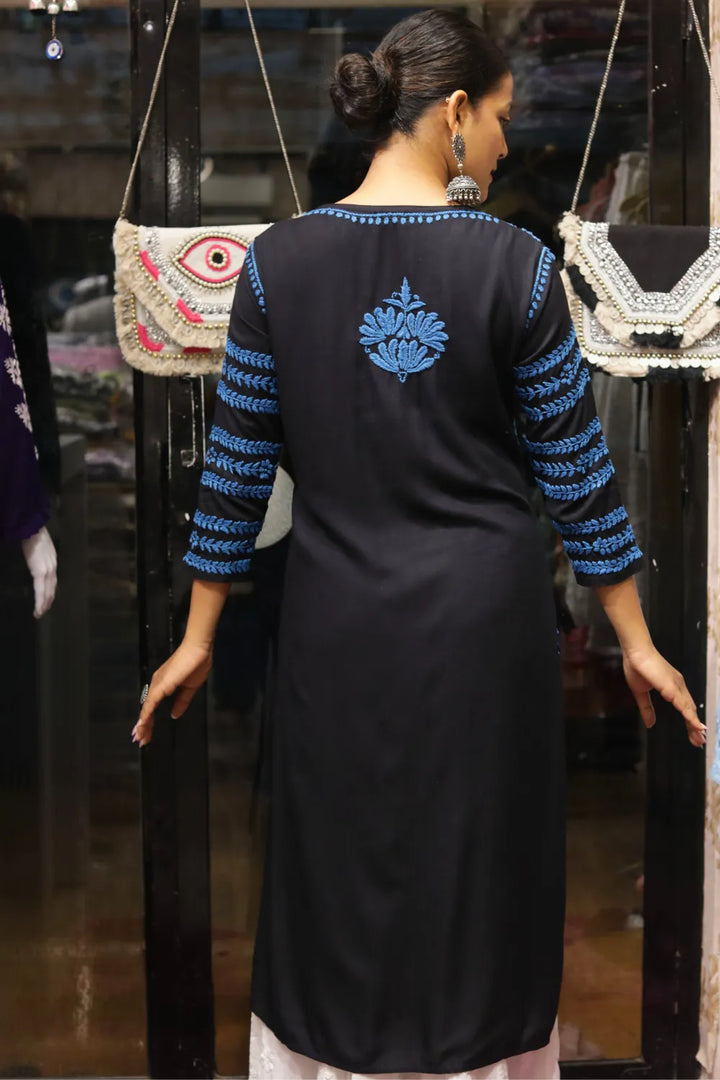 Kausar Rayon 3D Chikankari Designer Black Kurti