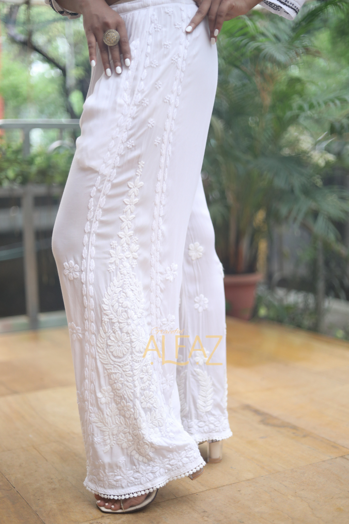 Zaina Modal Chikankari Side Kali Palazzo | White Chikankari Palazzo