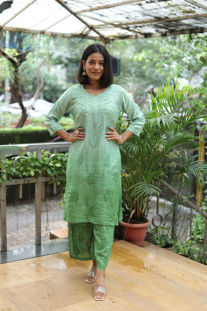 Sahar Chanderi Silk Chikankari Ombre Kurti Palazzo Set