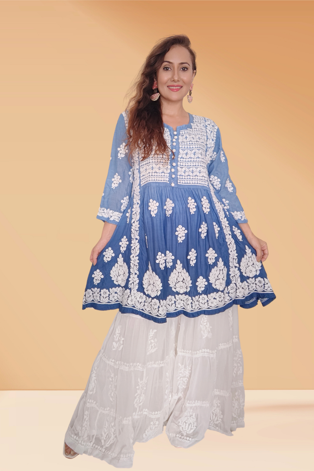 Sumaya Premium Muslin 3D Chikankari Short Gown | Short Kurtis for Women